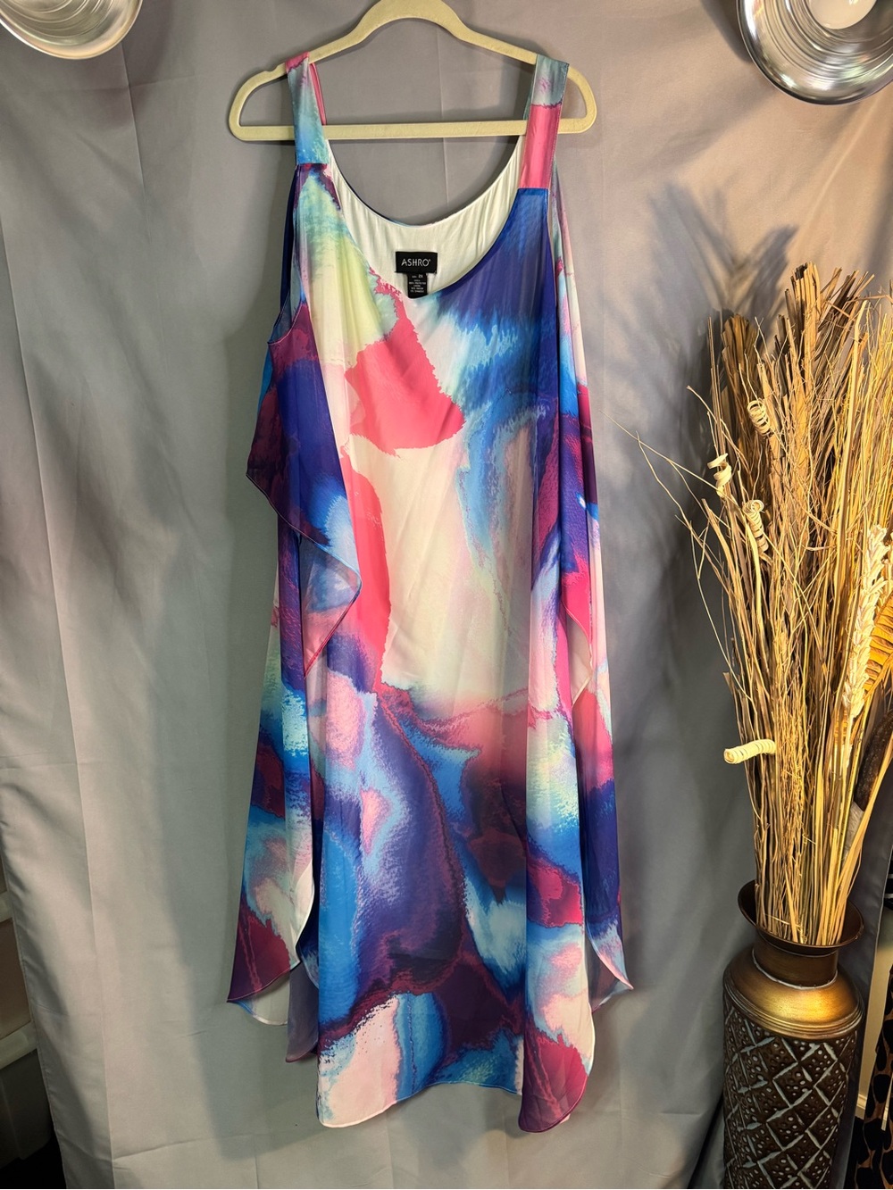 ASHRO Pink Blue Purple Watercolor Asymmetrical Tank Dress